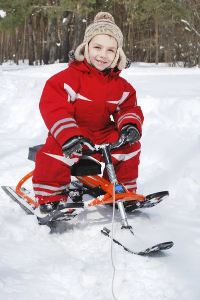 En invierno, en el bosque niño está sentado en un trineo y sonriendo . — Foto de Stock