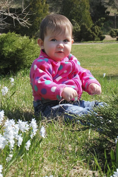 Voorjaar in het park op het gras in de buurt van witte bloemen zit een beetje — Stockfoto