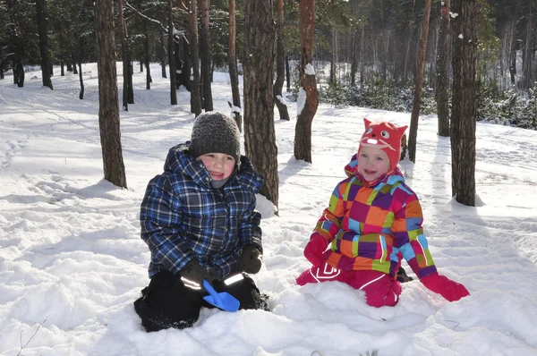 Beau garçon et fille dans la forêt enneigée d'hiver . — Photo