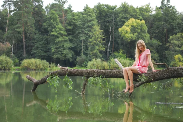 Girl sitting on the shore of the lake on the tree. — Stock Photo, Image