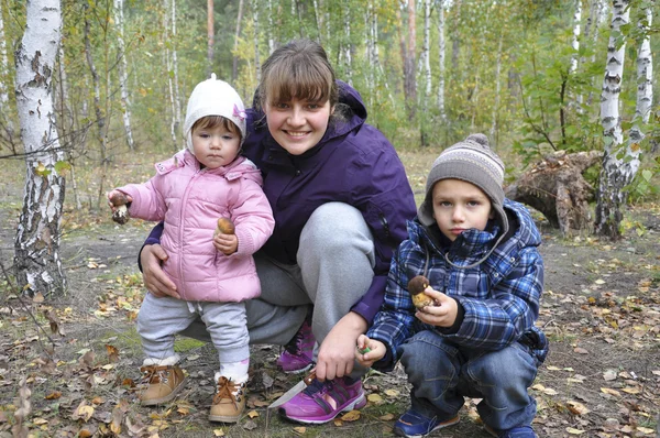 Mamma med son och lilla dotter i skogen håller svampsoppa — Stockfoto