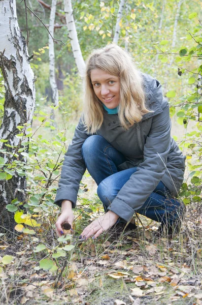 Flicka i en björkskog som innehar en svamp. — Stockfoto