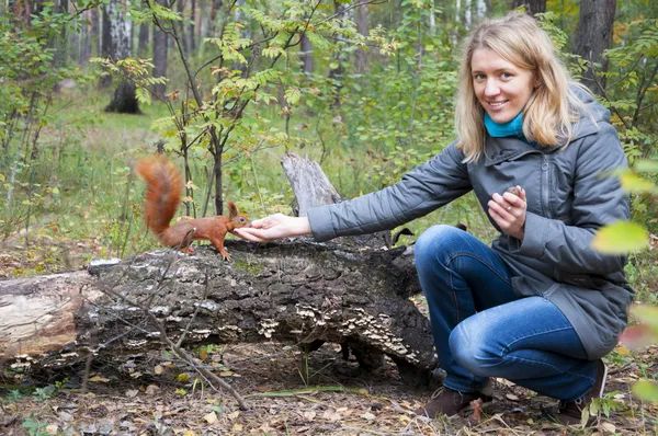 Park, dívka krmení zrzavá veverka. — Stock fotografie