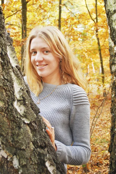 Meisje in de herfst bos. — Stockfoto