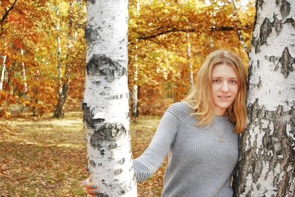 Menina na floresta de outono. — Fotografia de Stock