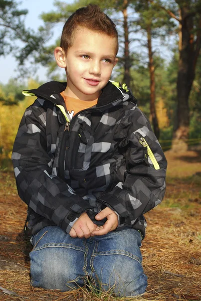 Boy sitting in autumn pine forest on earth. — Stock Photo, Image