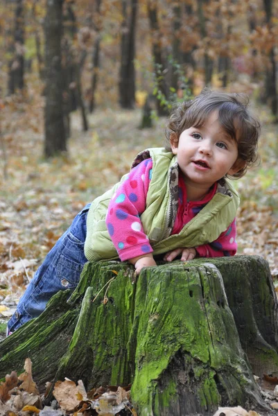 En el bosque niña jugando cerca del muñón . —  Fotos de Stock