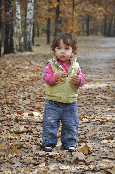 Klein meisje permanent op de weg van het bos. — Stockfoto