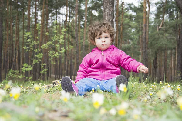 Flickan i skogen satt på en stubbe. — Stockfoto