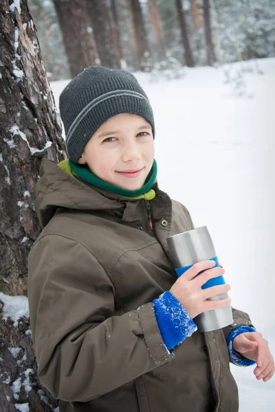 Winter Boy Drinks Tea Snowy Forest — Stock Photo, Image