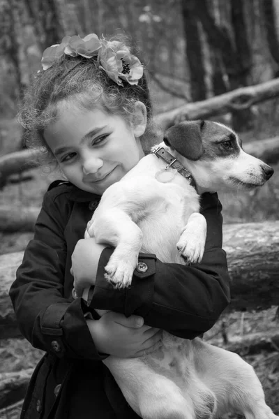 Little Girl Holding Dog Her Arms Jack Russell Terrier Black — Stock Photo, Image