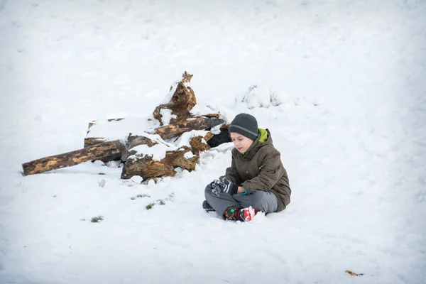 Winter Bright Sunny Day Sad Boy Sitting Snow — Stock Photo, Image