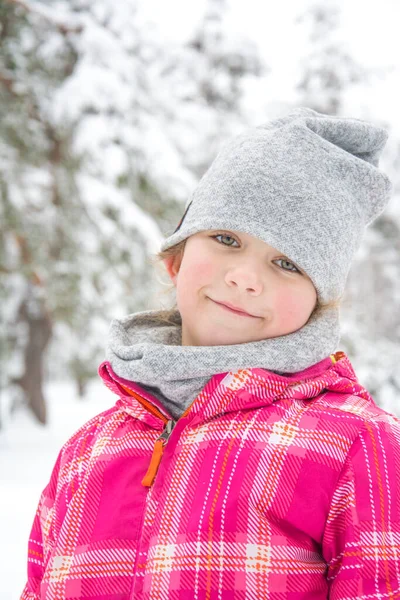 Winter Little Curly Girl Forest — Stock Photo, Image