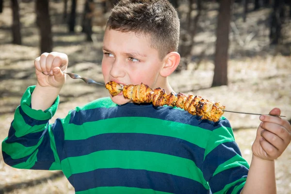Bright Sunny Summer Day Forest Boy Eats Barbecue Very Hungry — Stock Photo, Image
