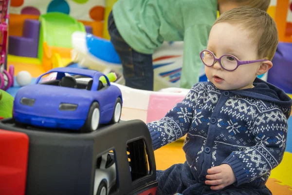 Little Funny Boy Blue Sweater Glasses Plays Typewriter Playroom — Stock Photo, Image