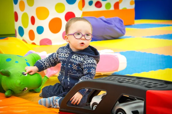 Little Funny Boy Blue Sweater Glasses Plays Typewriter Playroom — Stock Photo, Image