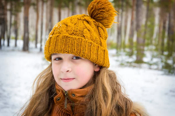 Invierno Una Hermosa Chica Con Pelo Largo Sombrero Marrón Con —  Fotos de Stock