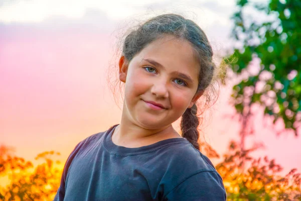 Summer Village Garden Evening Sunset Girl Pigtail — Stock Photo, Image