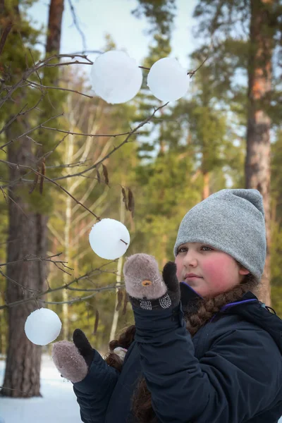Зимой Морозный День Лесу Девушка Делает Снежки Снежком Украшает Ветки — стоковое фото