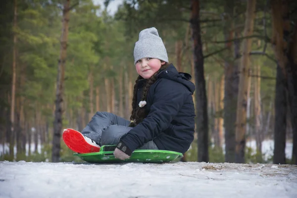 Winter Sitzt Einem Schneebedeckten Kiefernwald Ein Mädchen Auf Einem Plastikteller — Stockfoto