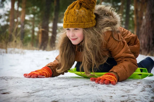 冬には 雪に覆われた松林の中で 女の子はプラスチック板の上に座っていて もうすぐ下がろうとしている — ストック写真