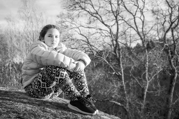 Spring Bright Sunny Day Little Sad Girl Sits Edge Cliff — Stock Photo, Image