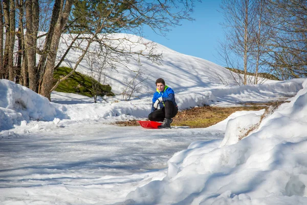 Bright Sunny Day Winter Boy Slides Hill Plastic Sled His — Stock Photo, Image