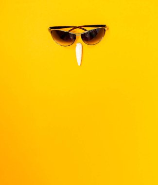 Güneş gözlüğü ve parlak sarı bir arka planda deniz kabuğu. Yaratıcı yüz. seçici odak, kopyalama alanı, pankart.