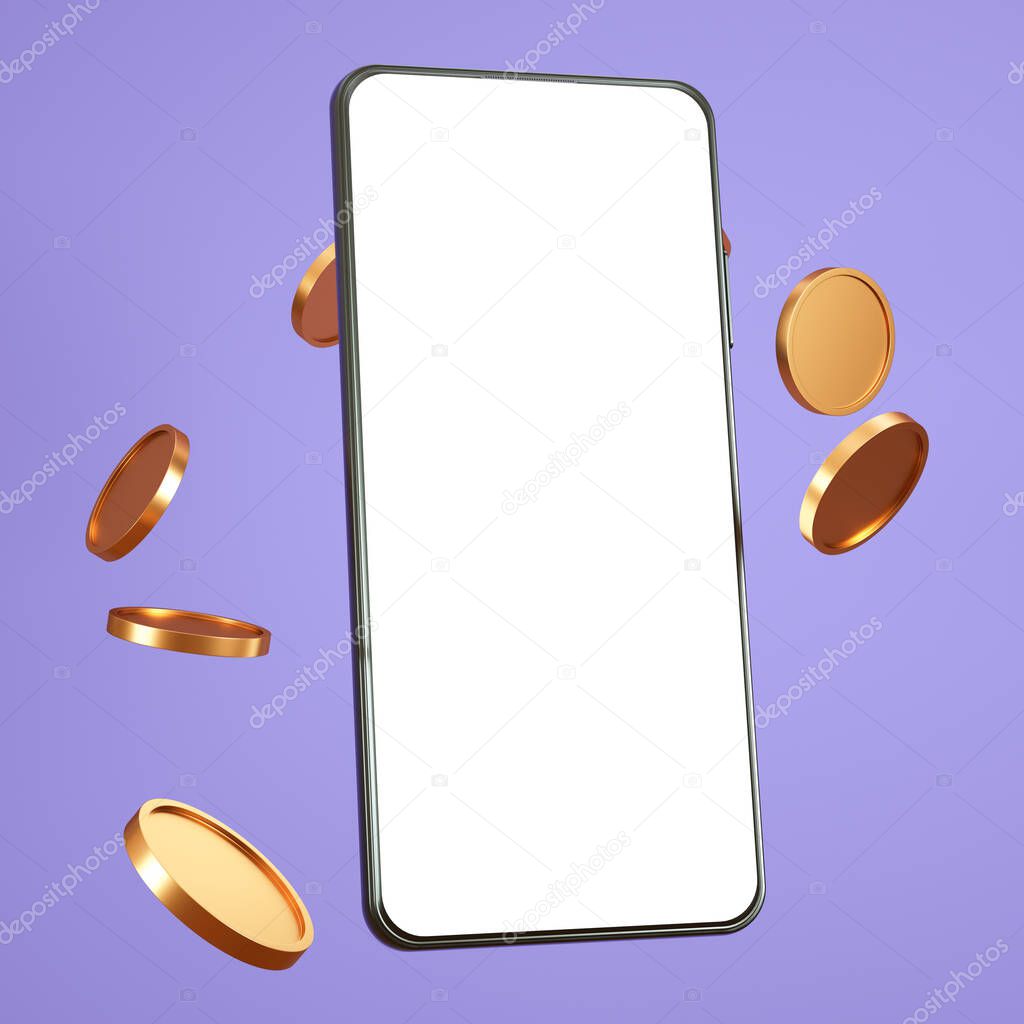 Phone mockup with gold coins on a gold background, 3D phone - 3D rendering
