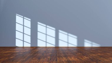 Pencere gölgesi olan mavi duvar, ahşap zemin olan boş oda, demo arkaplan - 3D görüntüleme