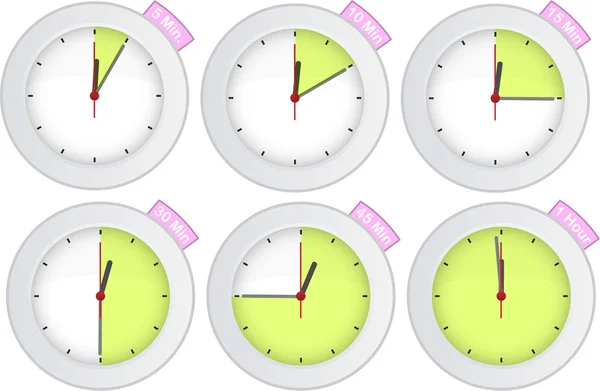 Reloj temporizador con 5, 10, 15, 30, 45, 60 min signos — Vector de stock