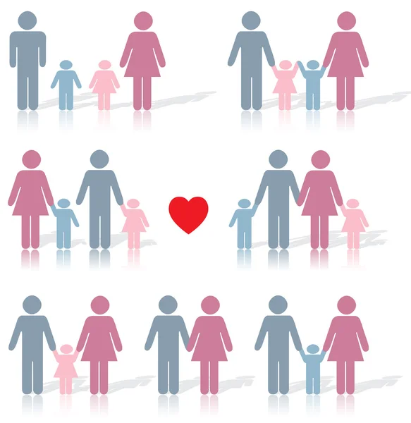 Family life icon set in color with a red heart — Stock Vector