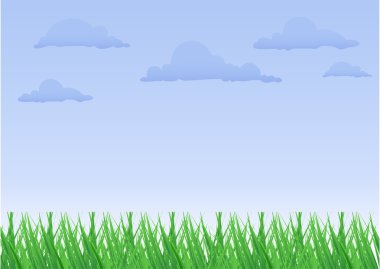 Yeşil çimenler, mavi gökyüzü ve beyaz bulutlar