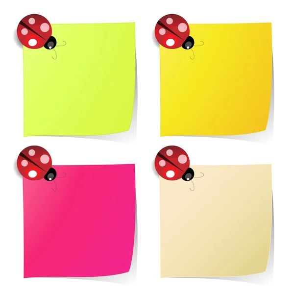Lege nota papier in vier kleuren met lieveheersbeestje — Stockvector