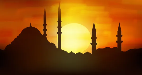 Zonsondergang boven minaretten van Sultanahmet, Istanbul moskee silhouet — Stockvector