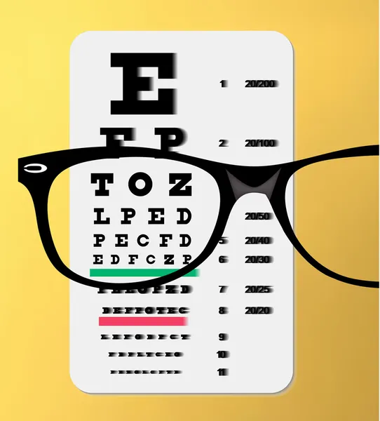 Óculos sobre gráfico de olhos de snellen — Fotografia de Stock