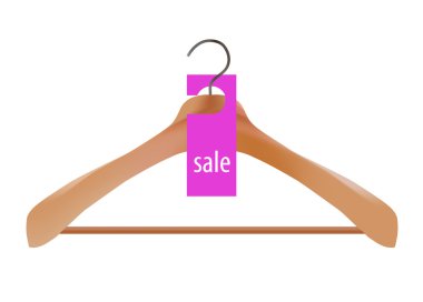 Wooden coat hanger and sale tag illustration in violet clipart