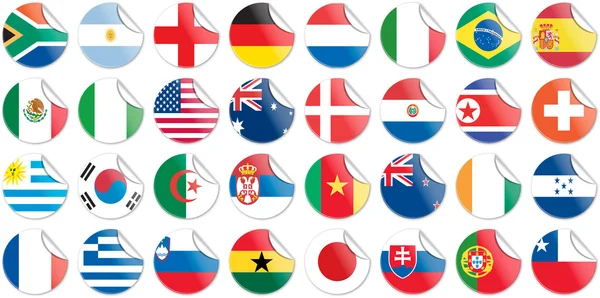 Uniformi di bandiere nazionali che partecipano a coppe del mondo in forma circolare — Vettoriale Stock