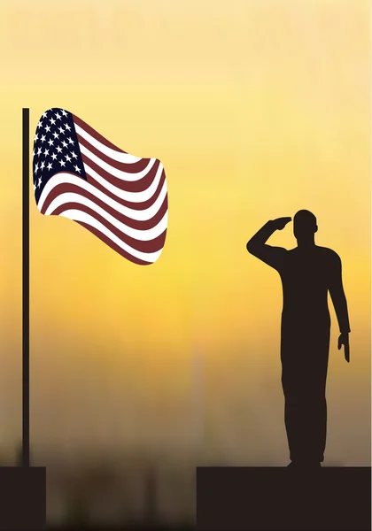 Silueta vojáka na plošině, jak salutuje vlajce USA — Stockový vektor