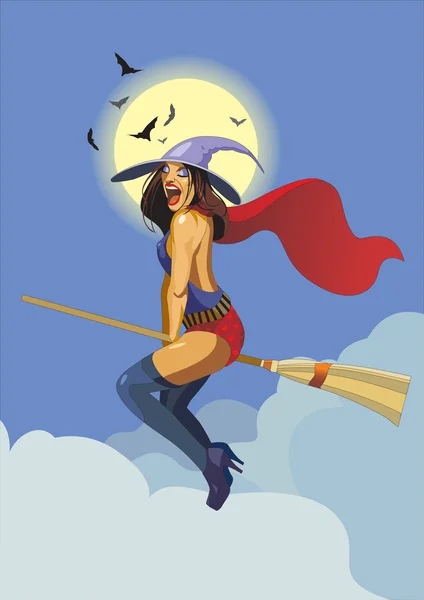 Halloween sexy witch on a broom — Stock Vector