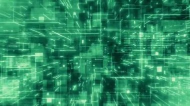 Motion graphic 4K camera flying into a green digital technologic abstract hologram 3d matrix. Big Data Digital futuristic code network connection concept. Seamless loop 3D render