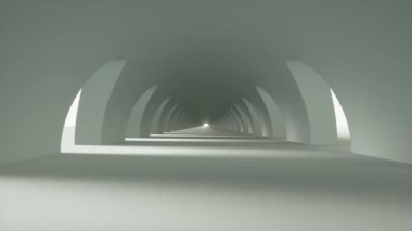 Camera moving into a curved gray concrete archway corridor with changing lights. Seamless loop abstract design 3d animation