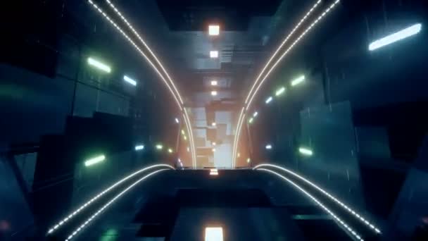 五颜六色的科幻霓虹灯和金属走廊隧道动画 运动图形4K相机飞入数字技术隧道 无缝循环未来主义背景的3D渲染 — 图库视频影像