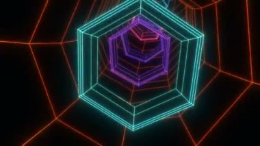 Vintage grid tunnel formed by hexagonal shapes and lines with changing colors. 4k Retro Wave Geometric Looping Background