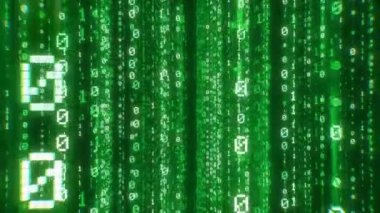 Camera navigating into a curtain of vertical digital green binary digits. Big data flow futuristic looping background