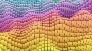Hareket eden kübik kutular, geometrik renkli sesli soyut 4k döngü arkaplanı tarafından yapılan gökkuşağı dalgalarının 3d animasyonu.