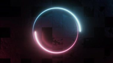 Mavi ve mor neon daireler yüksek teknolojili daireler düzensiz beton fayansların yüksek teknolojili arka planında. Soyut parlak ışık vuruşları dairesel halka hareketi yolu oluşturur. 4k 3D canlandırma döngüsü