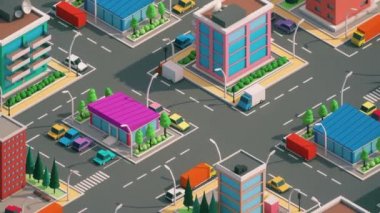 3D cgi animasyonu, renkli düşük poli bir şehrin, binalar, arabalar, ağaçlar ve yollarla izometrik simülasyon şehri tarzı. 4k Hareket grafikleri döngü arkaplanı 