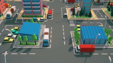 3D cgi animasyonu, renkli düşük poli bir şehrin, binalar, arabalar, ağaçlar ve yollarla izometrik simülasyon şehri tarzı. 4k Hareket grafikleri döngü arkaplanı 