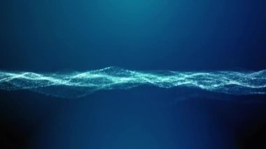 Soyut dijital dalgalanan sıvı çözünmüş arkaplan dalga ve ışık üzerinde akan küçük parçacıklar, siber veya teknolojik animasyon arka planı, kusursuz döngü, 4k